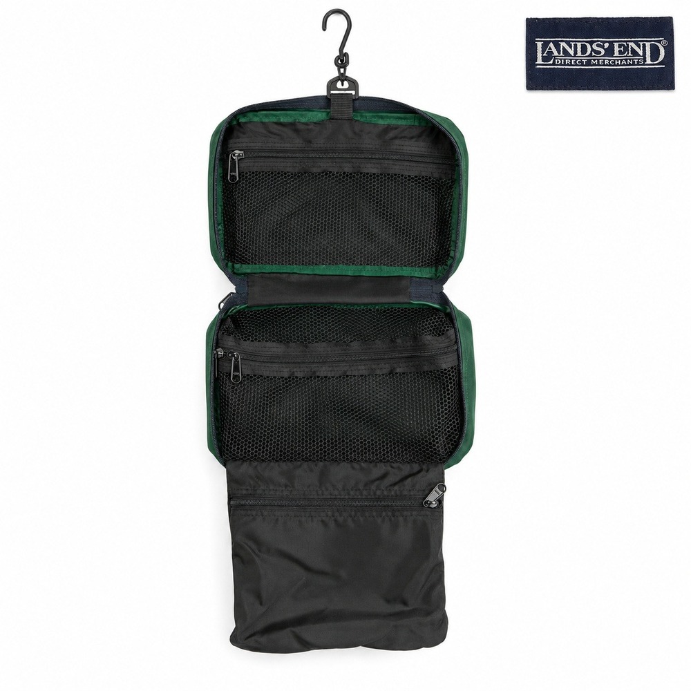Vintage Lands End Hanging Toiletry Bag Hunter Green Canvas Travel Organizer Case